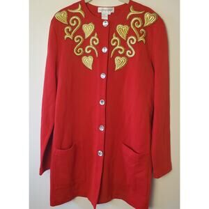 Outlander Sz L Red Open Jacket Gold Applique Hearts Rhinestone Buttons Pockets